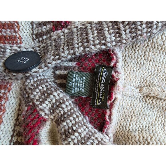 Eddie Bauer Button-Up Hooded Cardigan Sweater XL Brown Fair Isle Wool - Picture 6 of 10